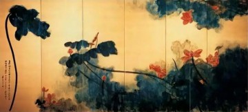 Zhang Daqian Chang Dai chien Painting - Chang dai chien crimson lotuses on gold screen old China ink